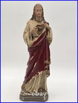 Antique 1930's Sacred Heart Jesus Chalkware Statue 13 Painted Religious Figure