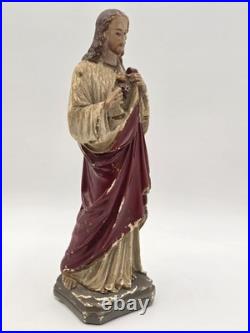 Antique 1930's Sacred Heart Jesus Chalkware Statue 13 Painted Religious Figure