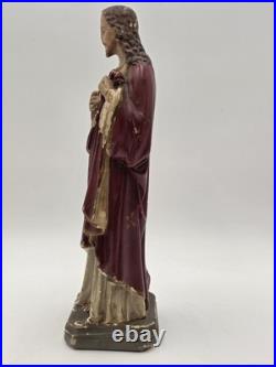 Antique 1930's Sacred Heart Jesus Chalkware Statue 13 Painted Religious Figure