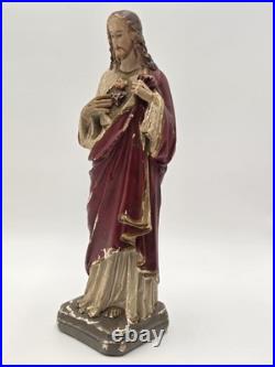 Antique 1930's Sacred Heart Jesus Chalkware Statue 13 Painted Religious Figure