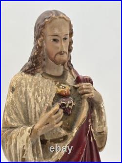 Antique 1930's Sacred Heart Jesus Chalkware Statue 13 Painted Religious Figure