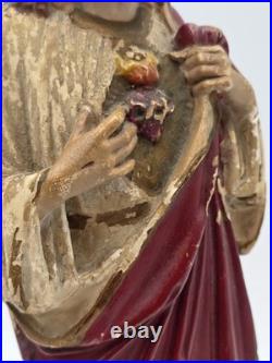 Antique 1930's Sacred Heart Jesus Chalkware Statue 13 Painted Religious Figure