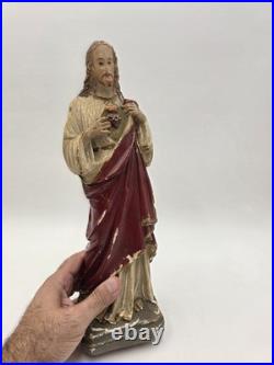 Antique 1930's Sacred Heart Jesus Chalkware Statue 13 Painted Religious Figure