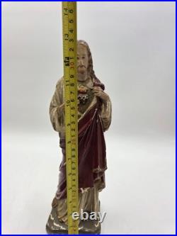 Antique 1930's Sacred Heart Jesus Chalkware Statue 13 Painted Religious Figure