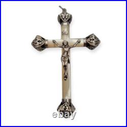 Antique 1930s mother-of-pearl and silver cross, with Christ crucified and ope Antique 1930s mother-of-pearl and silver cross, with Christ crucified and ope