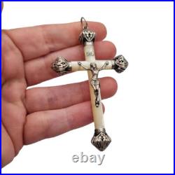 Antique 1930s mother-of-pearl and silver cross, with Christ crucified and ope Antique 1930s mother-of-pearl and silver cross, with Christ crucified and ope