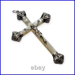 Antique 1930s mother-of-pearl and silver cross, with Christ crucified and ope Antique 1930s mother-of-pearl and silver cross, with Christ crucified and ope