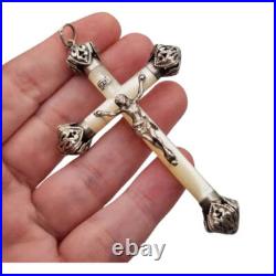 Antique 1930s mother-of-pearl and silver cross, with Christ crucified and ope Antique 1930s mother-of-pearl and silver cross, with Christ crucified and ope