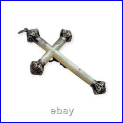 Antique 1930s mother-of-pearl and silver cross, with Christ crucified and ope Antique 1930s mother-of-pearl and silver cross, with Christ crucified and ope
