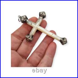 Antique 1930s mother-of-pearl and silver cross, with Christ crucified and ope Antique 1930s mother-of-pearl and silver cross, with Christ crucified and ope
