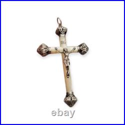 Antique 1930s mother-of-pearl and silver cross, with Christ crucified and ope Antique 1930s mother-of-pearl and silver cross, with Christ crucified and ope