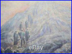 Antique 1937 Signed Large 30x33 Religious Scene Painting God Jesus Holy Mountain