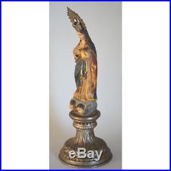 Antique 19th C Continental Hand Painted Plaster & Metal Religious Statue of Mary