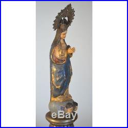 Antique 19th C Continental Hand Painted Plaster & Metal Religious Statue of Mary