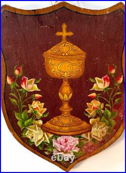 Antique 19th C French Religious Devotional Painted Wood Shield Chalice Crucifix