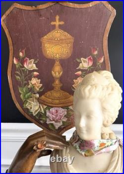 Antique 19th C French Religious Devotional Painted Wood Shield Chalice Crucifix