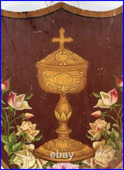 Antique 19th C French Religious Devotional Painted Wood Shield Chalice Crucifix