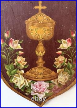 Antique 19th C French Religious Devotional Painted Wood Shield Chalice Crucifix