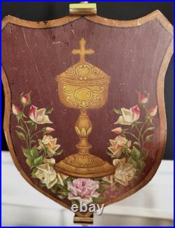 Antique 19th C French Religious Devotional Painted Wood Shield Chalice Crucifix