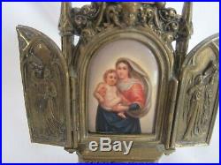 Antique 19th C. Madonna & Child Porcelain Icon On Brass/ Bronze Triptych