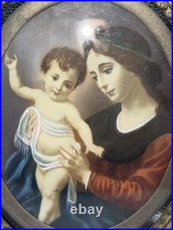Antique 19th C Miniature Painting On Porcelain Madonna & Child Double Framed