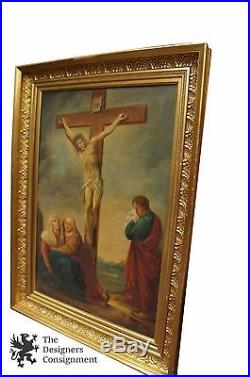 Antique 19th C. Oil Painting Crucifixion Jesus Christ Mary Mourning Disciples