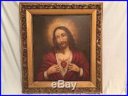 Antique 19th C. Portrait of Jesus Christ Sacred Heart Oil on Canvas Painting