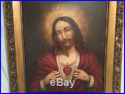 Antique 19th C. Portrait of Jesus Christ Sacred Heart Oil on Canvas Painting