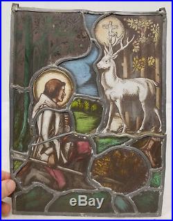 Antique 19th Century German Stained Glass Window Religious Scene Stag Deer