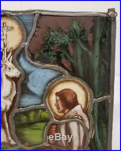 Antique 19th Century German Stained Glass Window Religious Scene Stag Deer