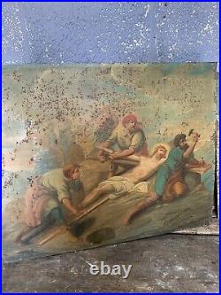 Antique 19th Century Oil Painting Tin Metal Religious Stations Cross Jesus X5