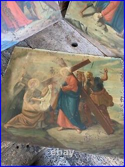 Antique 19th Century Oil Painting Tin Metal Religious Stations Cross Jesus X5