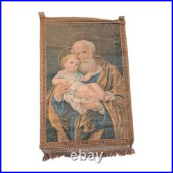 Antique 19th Century Religious Church Oleograph Banner St Joseph and Baby Jesus