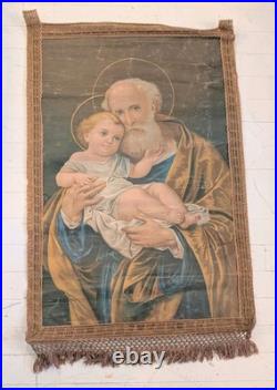 Antique 19th Century Religious Church Oleograph Banner St Joseph and Baby Jesus