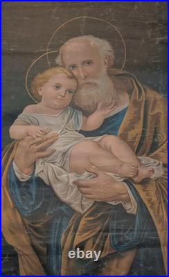 Antique 19th Century Religious Church Oleograph Banner St Joseph and Baby Jesus
