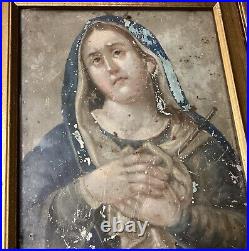 Antique 19th Century Religious Retablo Oil on tin Mother Of Sorrows Dolorosa