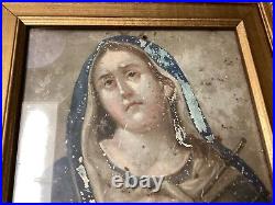 Antique 19th Century Religious Retablo Oil on tin Mother Of Sorrows Dolorosa