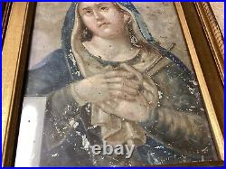 Antique 19th Century Religious Retablo Oil on tin Mother Of Sorrows Dolorosa