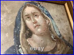 Antique 19th Century Religious Retablo Oil on tin Mother Of Sorrows Dolorosa