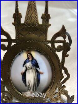 Antique 19th c French Miniature Religious Painting Bronze Standing Frame