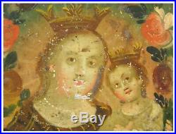 Antique 19th century Mexican Retablo painting on tin religious Mary & Christ
