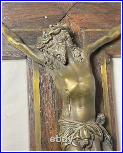 Antique 19th century bronze wood religious wall Jesus Christ crucifix cross