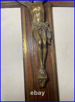 Antique 19th century bronze wood religious wall Jesus Christ crucifix cross