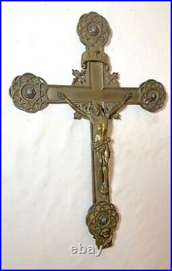 Antique 19th century ornate bronze religious wall Jesus Christ crucifix cross