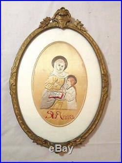 Antique 19th century religious silk Saint Anna needlepoint hand embroidery art