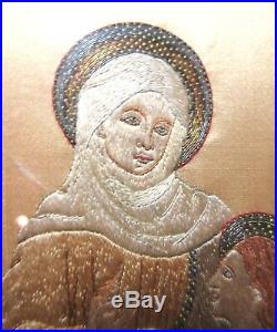 Antique 19th century religious silk Saint Anna needlepoint hand embroidery art