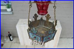 Antique 19thc Church altar sanctuary lamp enamel Fleur de lys religious lantern