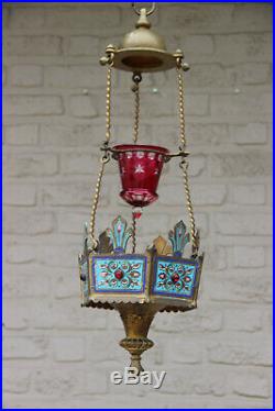 Antique 19thc Church altar sanctuary lamp enamel Fleur de lys religious lantern