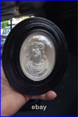 Antique 19thc Meerschaum carved suffering christ religious frame plaque