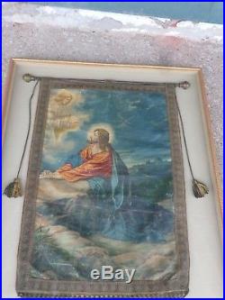 Antique 19thc Victorian Religious Jesus Praying Angel Church Hanging Framed